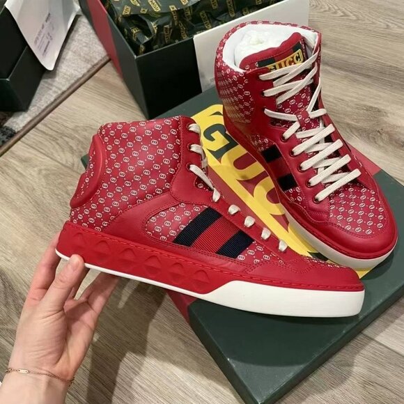 NIB Authentic Gucci-Dapper Dan Calfskin GG Micro Monogram Mens High Top Sneakers - Picture 1 of 7